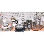 A vintage bottle pourer, tankards, wall clock and collectors plates with two baskets and a case of
