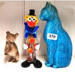 A Murano glass clown, a Russian bear and porcelain cat.