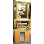 A collection of gilt framed mirrors, largest size 44 x 128cm.