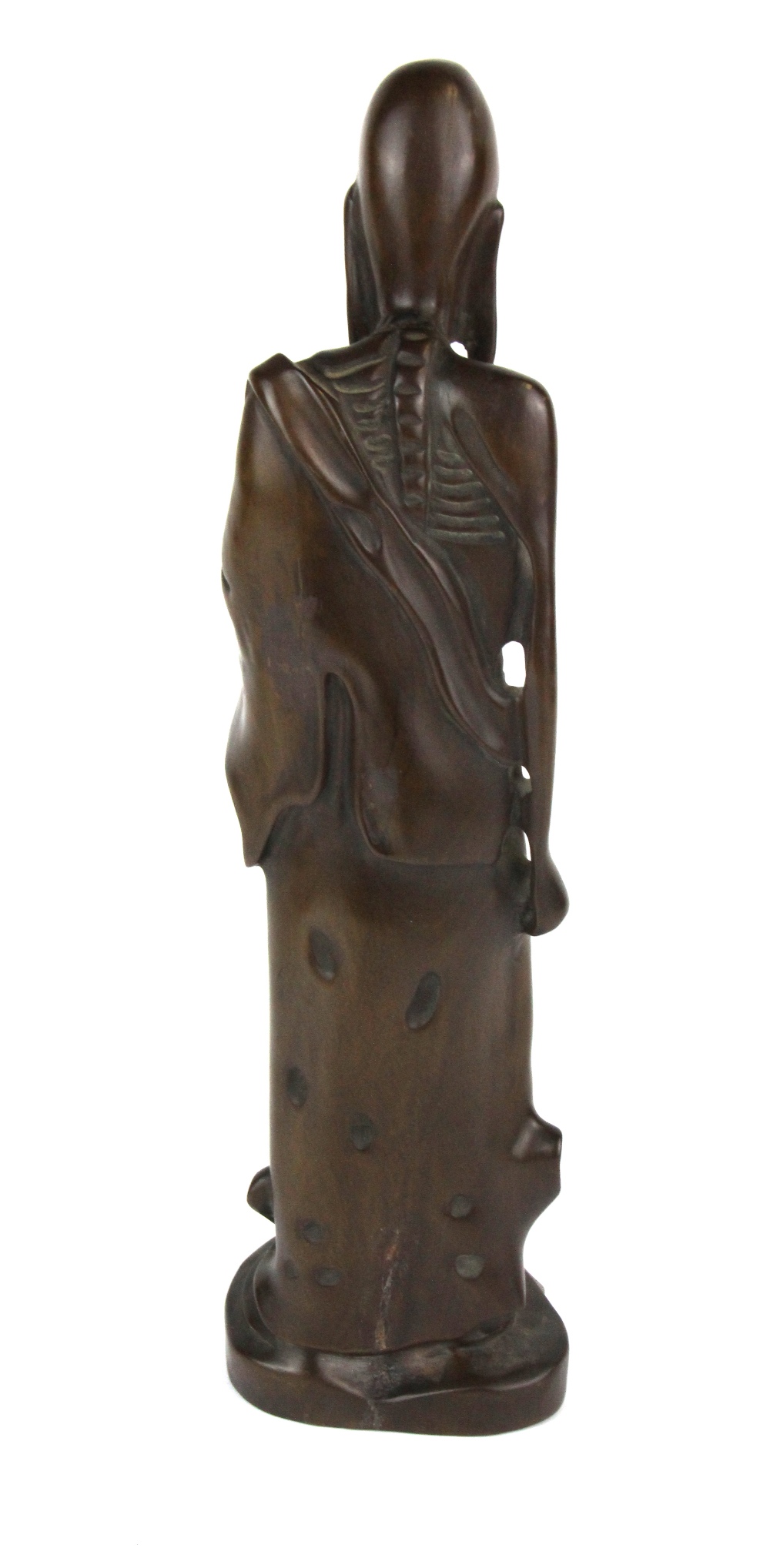 An unusual Chinese carved hardwood figure of an Arhat, H. 45cm. Condition - Some filled age cracking - Image 3 of 3