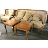 A superb upholstered three seater couch with gilt acanthus leaf decoration with matching armchair