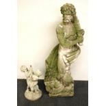 A large vintage concrete figure of Hercules and the lion together with a small cherub water