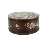 A 19th Century Chinese mother of pearl inlaid circular wooden box with copper banding, Dia. 26cm, H.