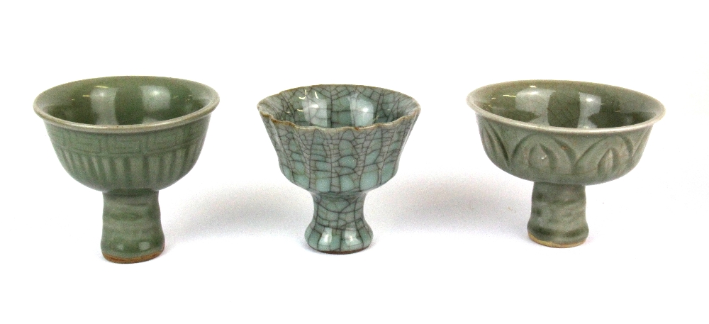 Six Chinese porcelain stem cups, a small porcelain bowl and an incised porcelain dish, tallest H. - Image 5 of 6