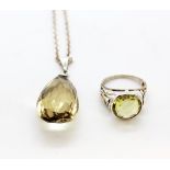 A 925 silver citrine set ring together with a 925 silver pendant and chain set with a large