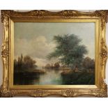 Arthur de Breanski (British 1852-1928). A large gilt framed oil on canvas of a river scene, Frame