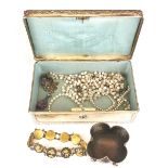 A small jewellery box and contents including a hallmarked silver salt.