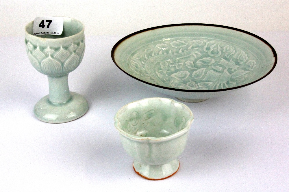 Six Chinese porcelain stem cups, a small porcelain bowl and an incised porcelain dish, tallest H. - Image 4 of 6