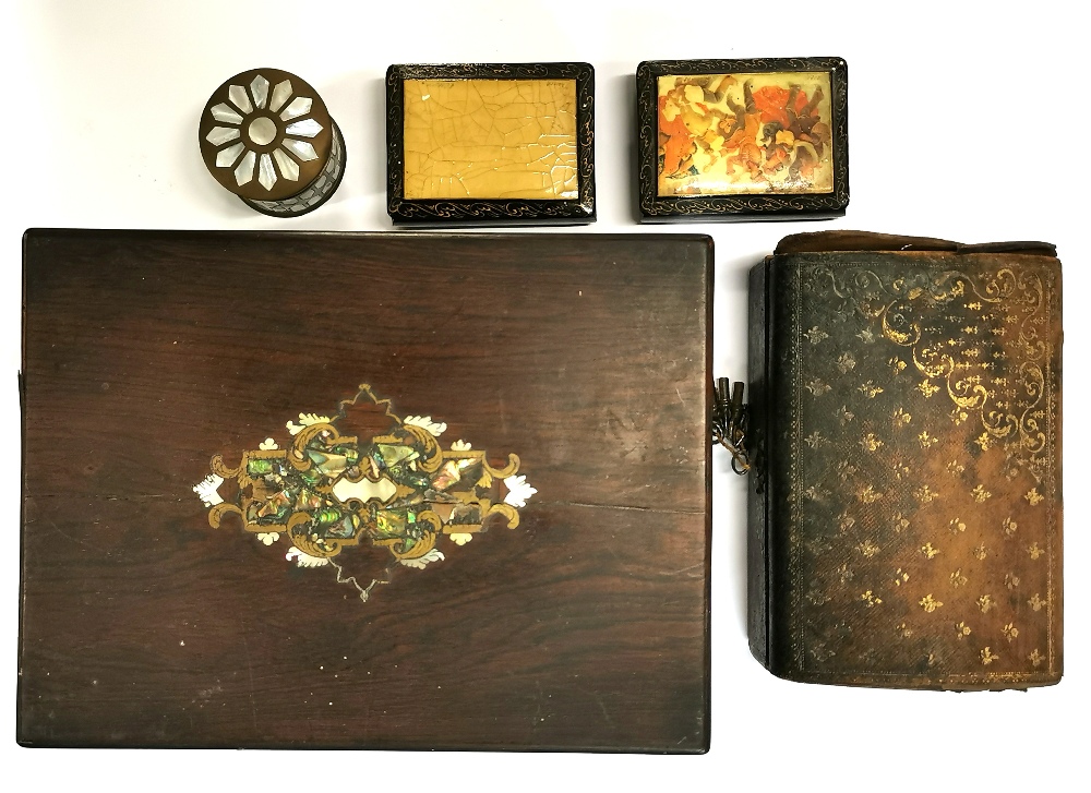Two Russian lacquer boxes and three further boxes.