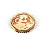 A yellow metal mounted cameo brooch, tested min. 9ct gold. 4.5 x 3.5cm.