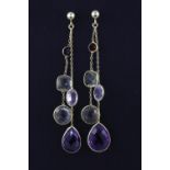 A pair of 925 silver gilt drop earrings set with faceted cut amethyst, garnet, rose quartz and