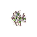 A 925 silver fish shaped brooch set with rodolite garnets, tanzanites and chrome diopsides, L. 4cm.