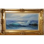 Guglielmo Welters (Italian 1913–2003) A superb gilt framed oil on canvas of waves at sunset, frame