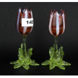 A lovely pair of 19th Century Vaseline glass tulips, H. 15cm