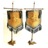 A pair of Regency gilt brass and tapestry table top pole screens, H. 50cm.