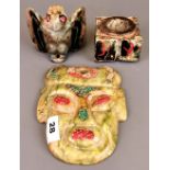 Three unusual Chinese carved stone and mosaic inlaid items. Mask H. 20cm.