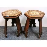 A pair of marquetry decorated oak Arts and Crafts stools/ side tables, W. 28, H. 37cm.