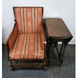 A barley twist oak armchair and drop leaf tea table.