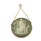 A 9ct yellow gold (stamped 9ct) mounted Wedgwood porcelain cameo pendant, set with two seed pearls,