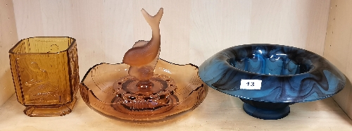 An art deco orange glass centrepiece with an amber glass bowl and a Davidson bowl, Dia. 32cm.