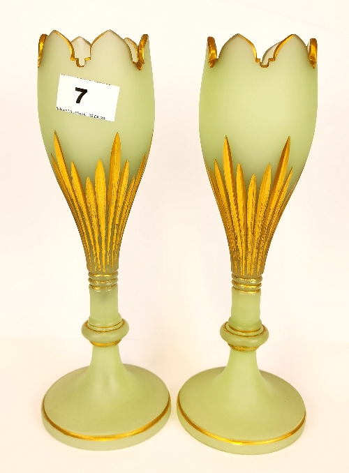 A pair of 19th Century cut and gilt frosted green glass vases, H. 28cm. Condition: No visible damage