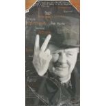 A Stephen Blades original acrylic and silk on composition board of Winston Churchill, 50 x 90cm.
