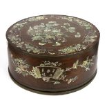 A fine 19th Century Chinese mother of pearl inlaid circular wooden box with copper banding, Dia.