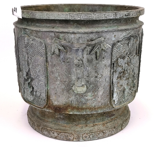 A 19th century Chinese cast bronze planter with bamboo design handles, featuring scenes of - Image 2 of 4