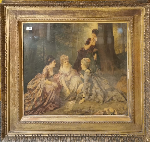 A large early 19th century gilt framed coloured lithograph of young ladies playing cards. Frame size