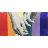 A Stephen Blades (British) original acrylic and silk on composite board LGBTQ rainbow and two hands,