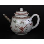 An early Chinese hand painted porcelain teapot with white metal spout, H. 11.5cm.