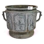 A 19th century Chinese cast bronze planter with bamboo design handles, featuring scenes of
