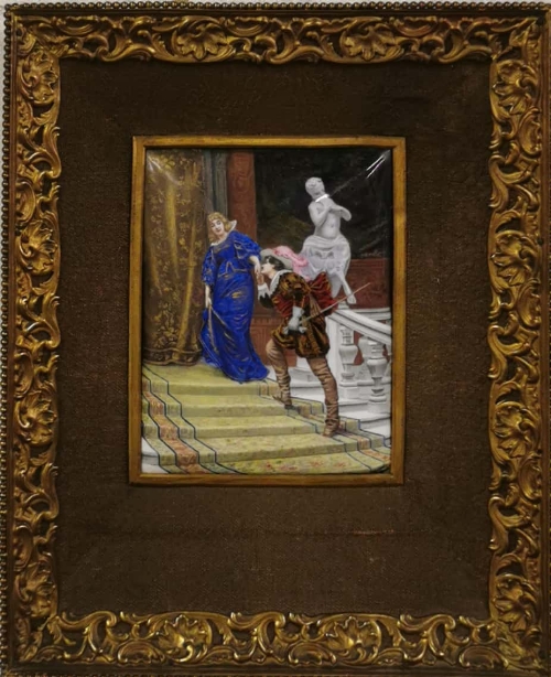 A 19th century French gilt framed hand painted enamel on copper of a cavalier wooing a lady. Frame