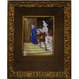 A 19th century French gilt framed hand painted enamel on copper of a cavalier wooing a lady. Frame
