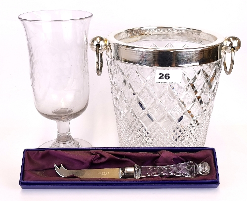 A silver plate and cut crystal ice bucket (H. 21cm), together with an etched glass celery vase and