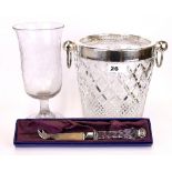 A silver plate and cut crystal ice bucket (H. 21cm), together with an etched glass celery vase and