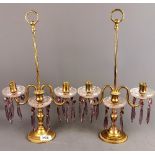 A pair of gilt brass and crystal drop candelabra, H. 44cm.