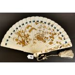 A superb 19th century Japanese Shibayama decorated ivory fan with silk tassel and ojime bead