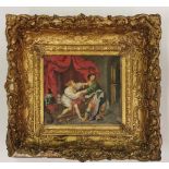 A gilt framed 18th Century risqué watercolour of a man trying to escape the grasp of a buxom