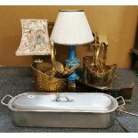 A quantity of fire side brassware, a fish kettle and two table lamps.