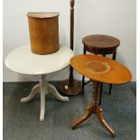 A painted circular tea table with an Edwardian pedestal table, inlaid plant stand, standard lamp and