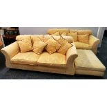 A pair of high quality contemporary upholstered settees with matching large footstool, settee W.