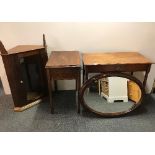 An Edwardian mahogany side table with an oak side table, oval mirror and corner cabinet.