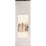 A silk mounted contemporary scroll painting of a naked couple with gold leaf decoration, W. 67cm, L.