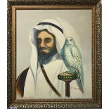 A gilt framed oil on canvas of an Arab man with a hawk, 61 x 70cm.