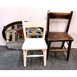 Two vintage children's chairs and two mirrors.