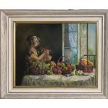 A framed oil on artist board of a young woman with fruit signed Templeman. Frame size 58 x 48cm.