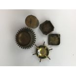 Three interesting bronze and brass ash trays and three further items, ships wheel Dia. 18cm.