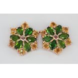 A pair of 925 silver rose gold gilt cluster earrings set with chrome diopside, citrines and