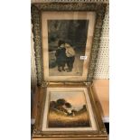 A framed Edwardian print and a framed oil on canvas.